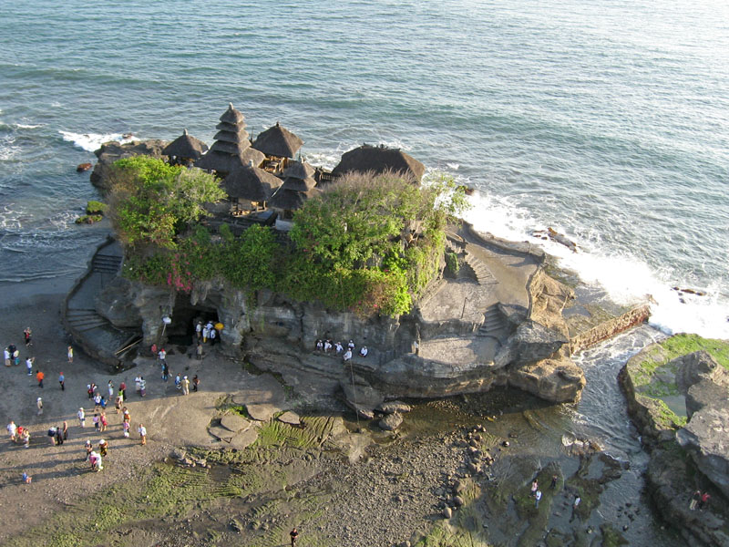 Tanah Lot temple at low tide, from helicopter