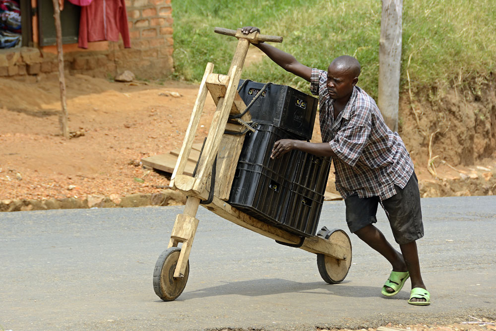 Homemade scooter being used to transport goods