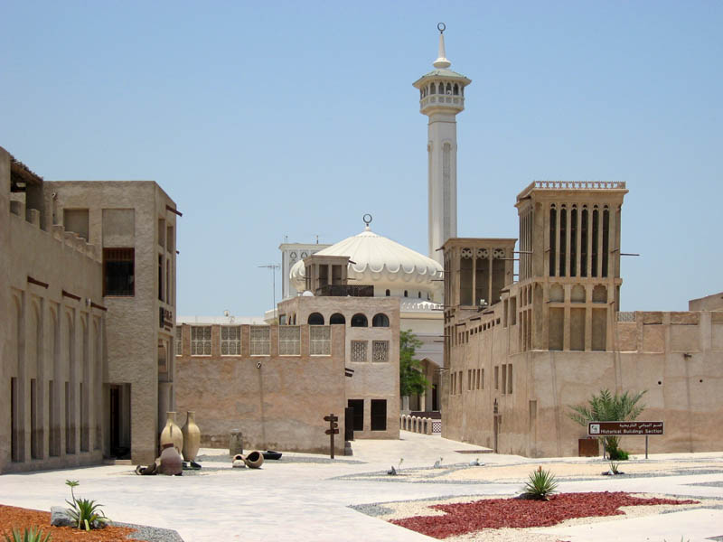 Bastakia Quarter, Historical Buildings Section with Wind Towers and Mosque