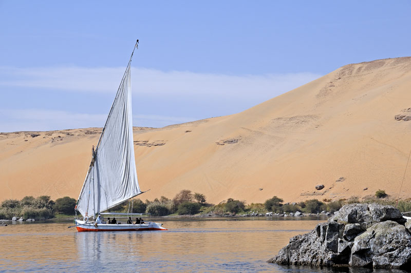 Faluka on the Nile, desert comes right up to the river