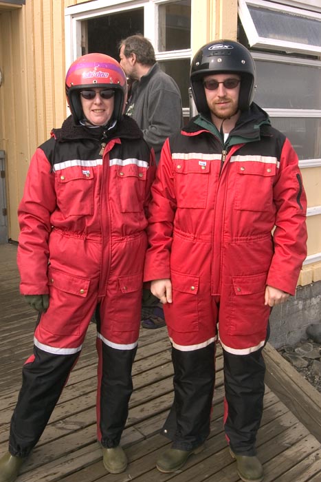 Mary and Adam, dressed for snowmobiling