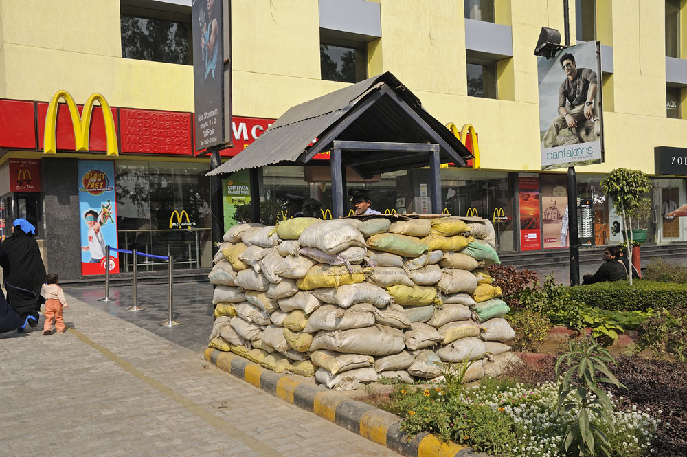 Sandbag bunker in front of McDonald's